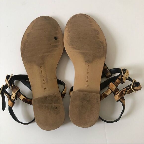 Zara leopard print real calf hair strappy thong sandals woman’s size 36 - Picture 9 of 10